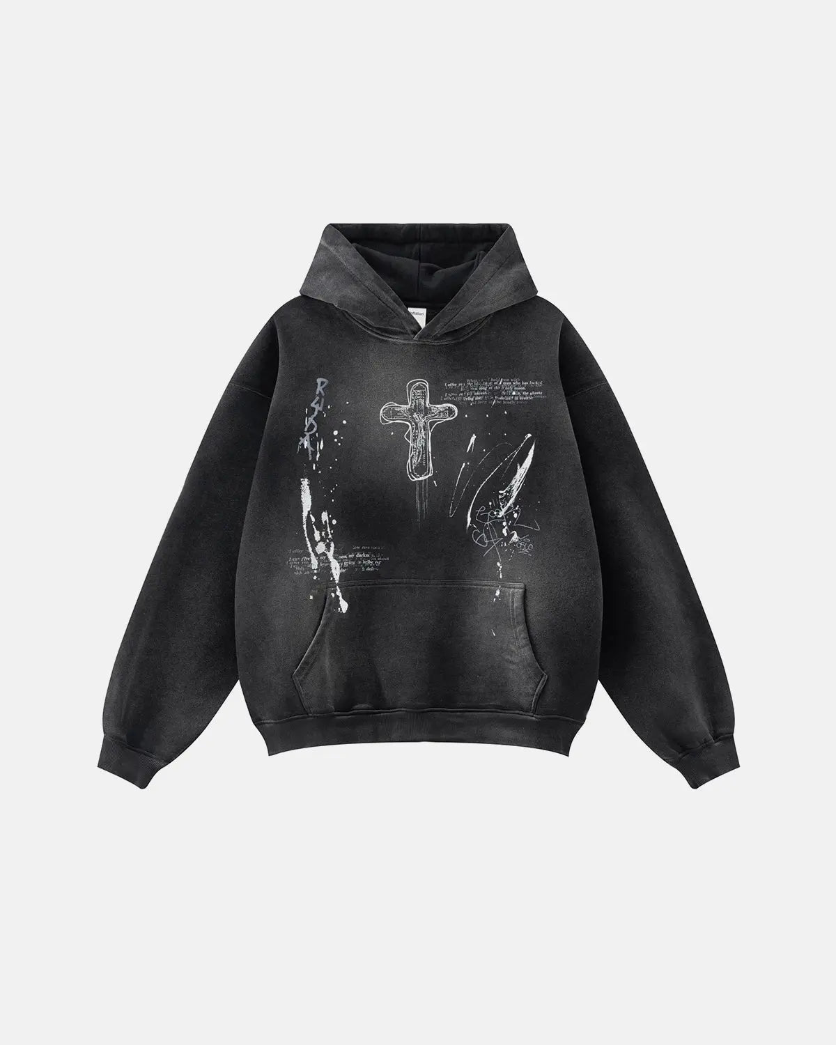 Inflation streetwear graffiti print acid washed fleece hoodie, casual unisex sweatshirt with vibrant urban graphic design.