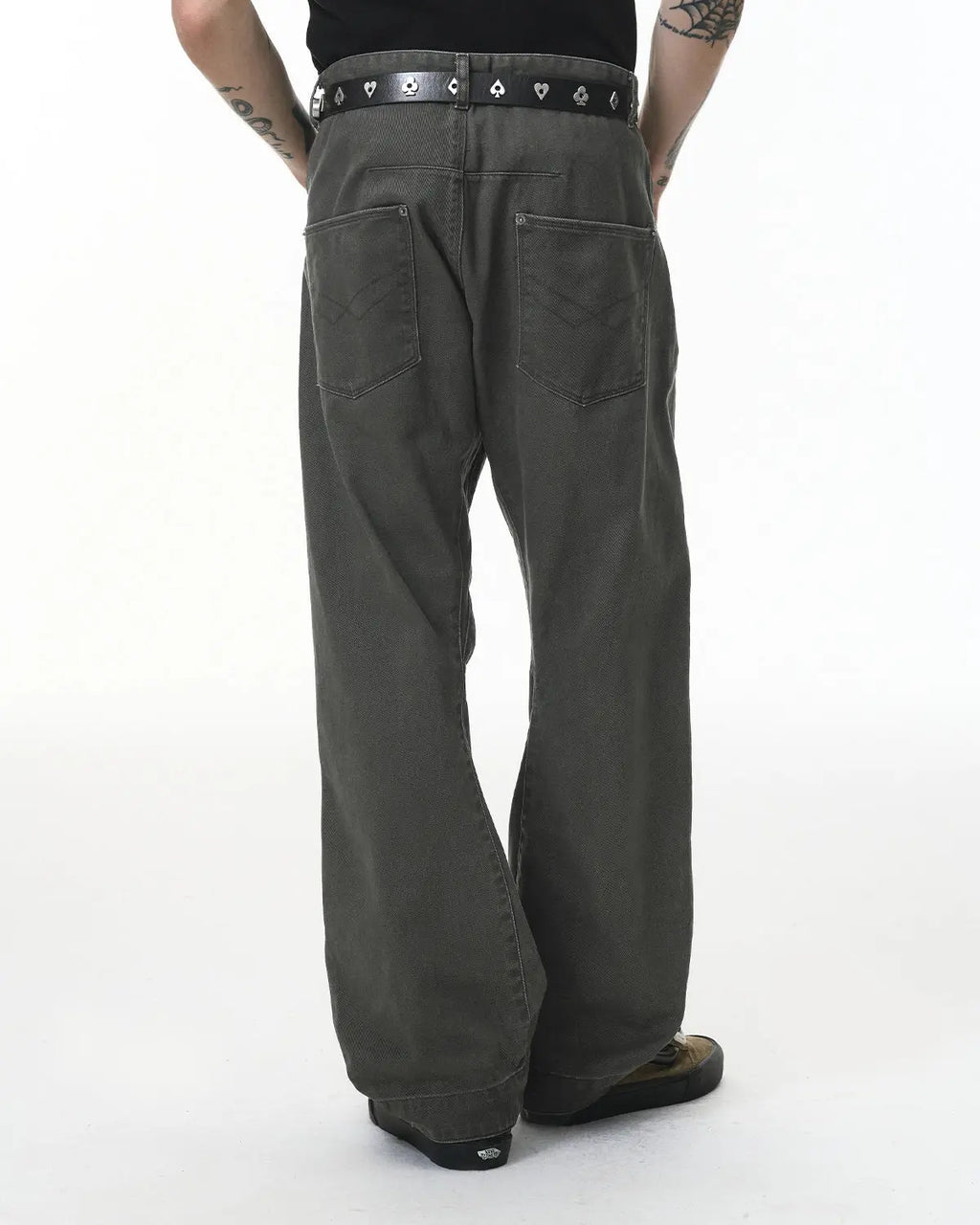 Inflation Stitching Flare Baggy Jeans with detailed seams, high waist, and relaxed fit, showcasing streetwear style and casual comfort.