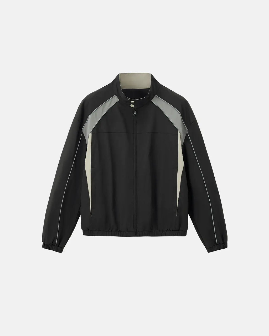 Inflation Reflective Windbreaker Track Jacket with bold reflective details, black fabric, and sporty design for streetwear style.