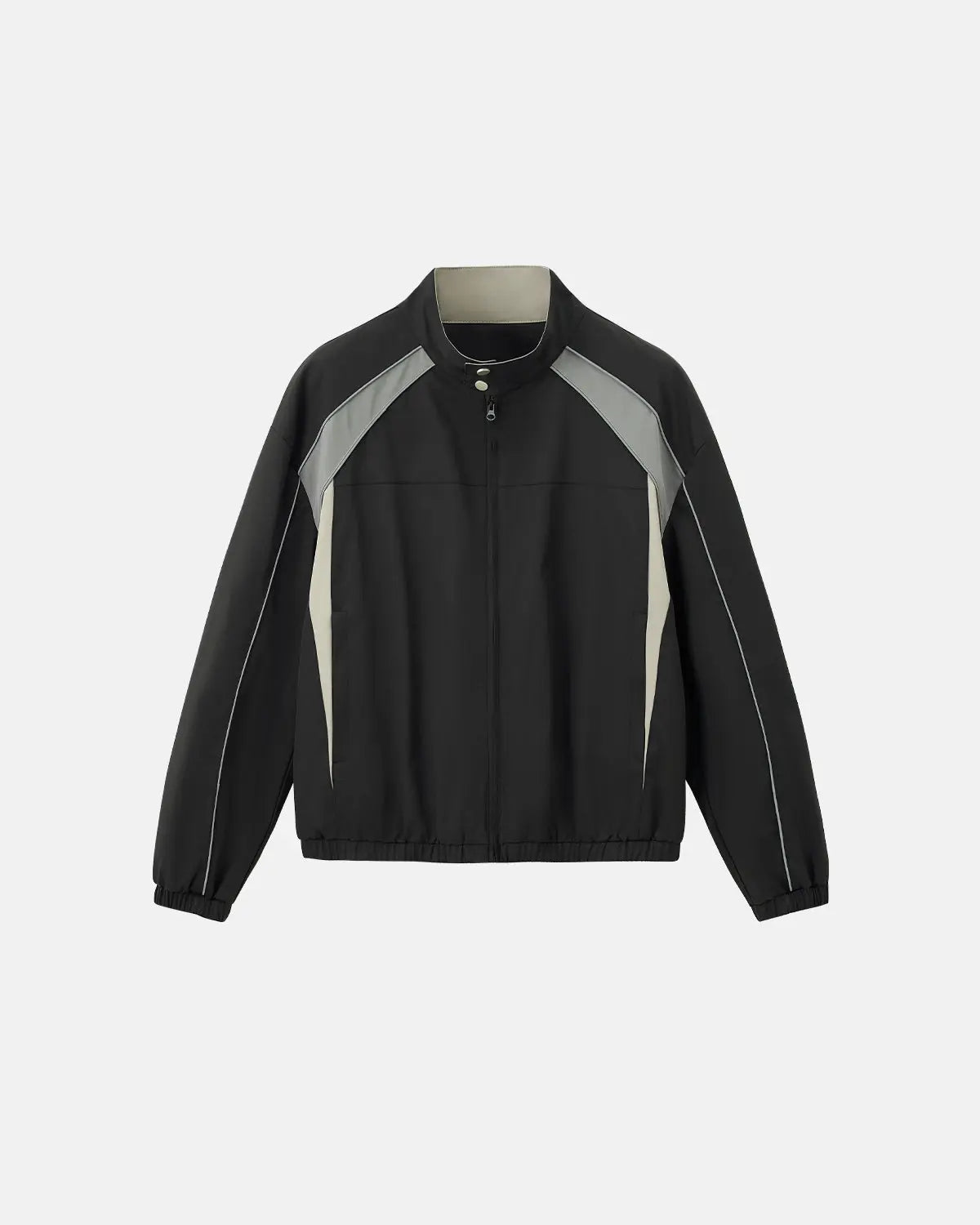 Inflation Reflective Windbreaker Track Jacket with bold reflective details, black fabric, and sporty design for streetwear style.