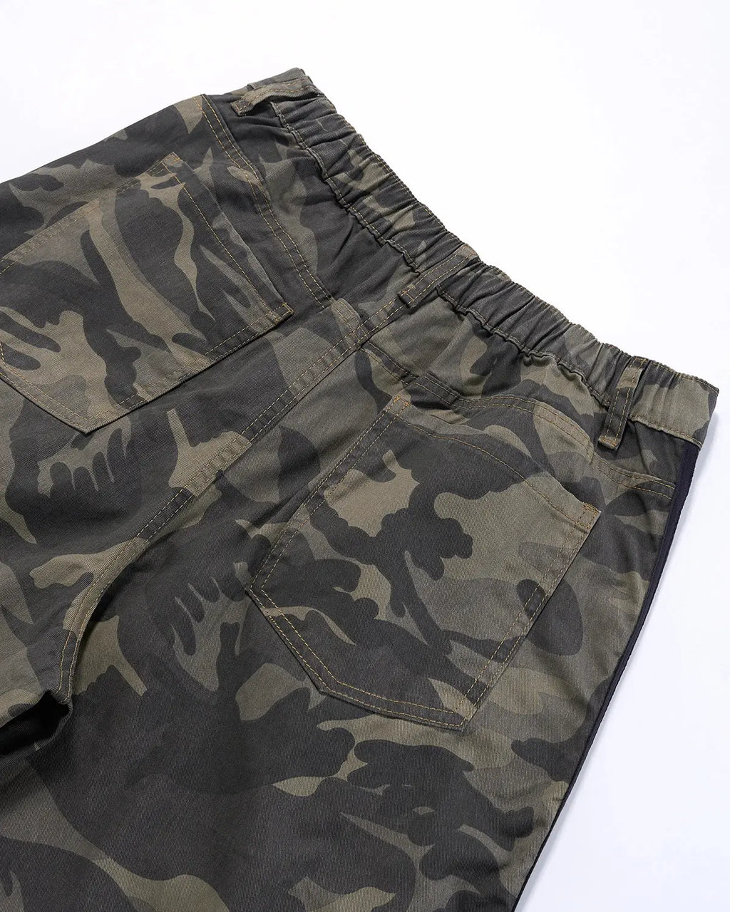 Inflation Camo Side Stripe Wide-Leg Pants featuring a relaxed fit, camouflage pattern, and side stripe detailing.