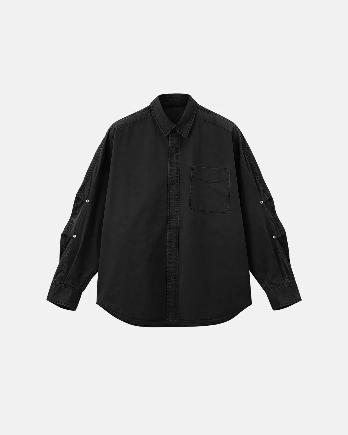 Acid wash cargo shirt jacket from Inflation Streetwear featuring multiple pockets and a relaxed, casual fit.