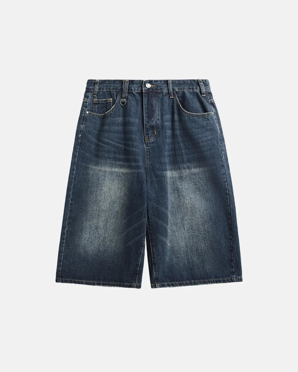 Acid washed longline baggy denim jorts by INFLATION, stylish relaxed-fit pants with distressed details and frayed hems.