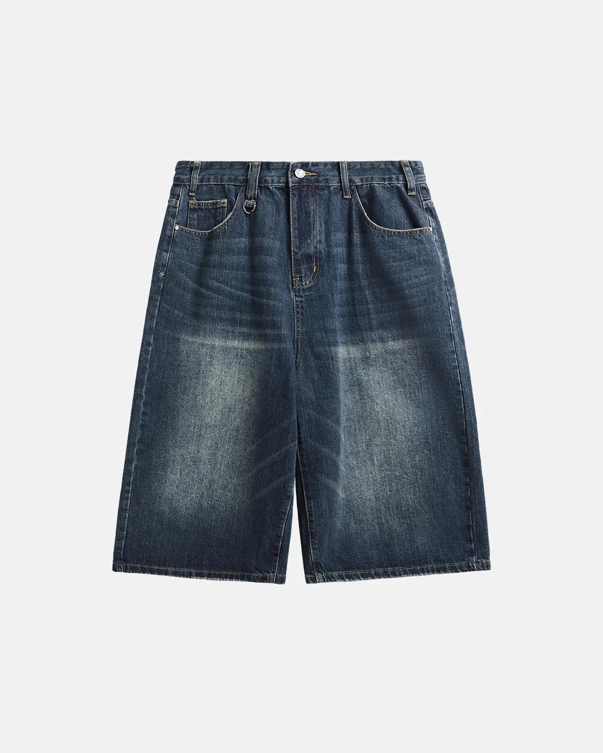 Acid washed longline baggy denim jorts by INFLATION, stylish relaxed-fit pants with distressed details and frayed hems.