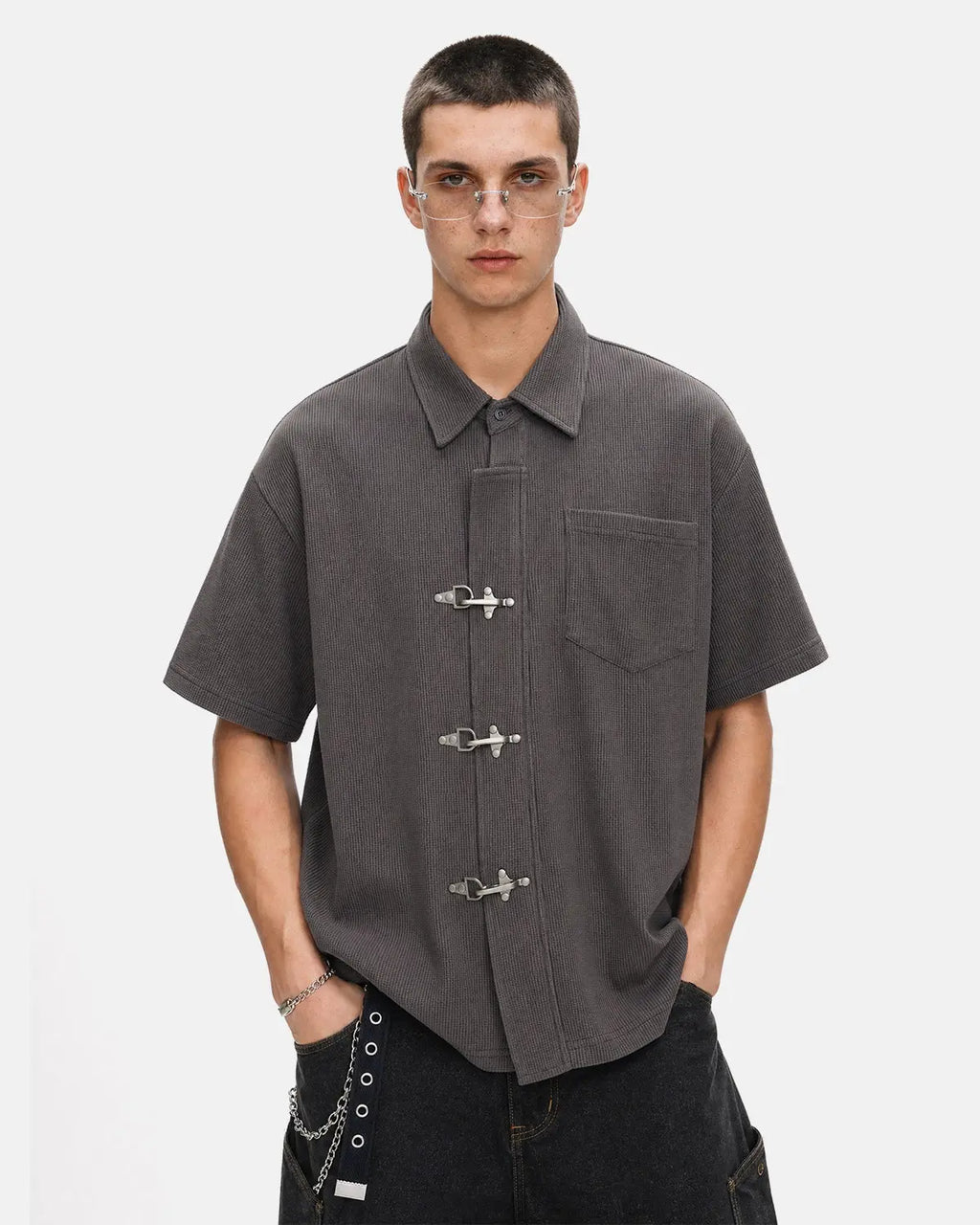 Inflation Streetwear metal clasp waffle shirt featuring a textured fabric design and stylish metal clasp details.