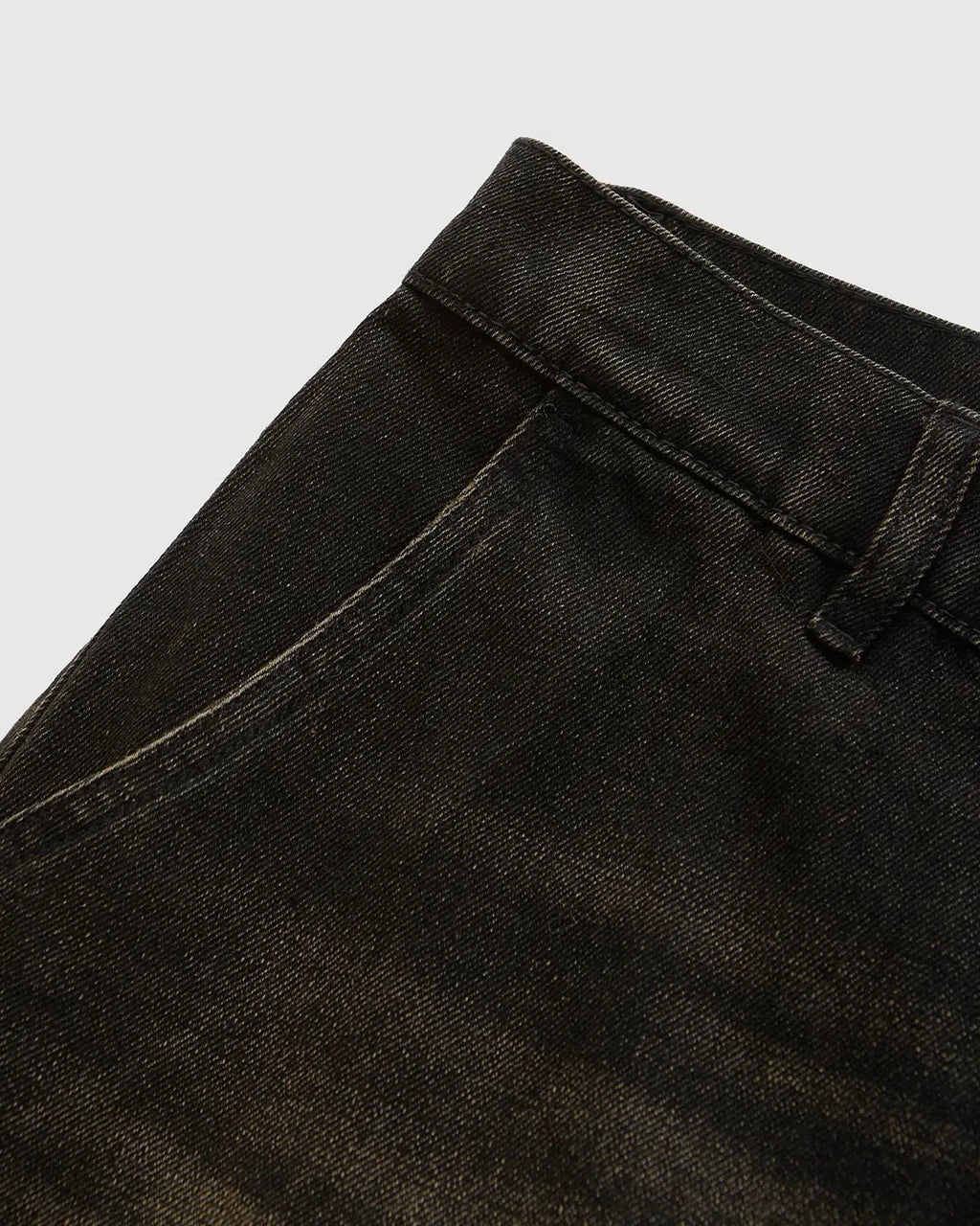 Retro washed jeans jorts by INFLATION featuring distressed denim and a vintage streetwear style, worn on a casual model