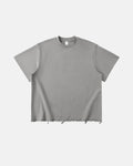 Oversized embroidered frayed hem T-shirt by INFLATION Streetwear, featuring colorful embroidery and distressed frayed edges.