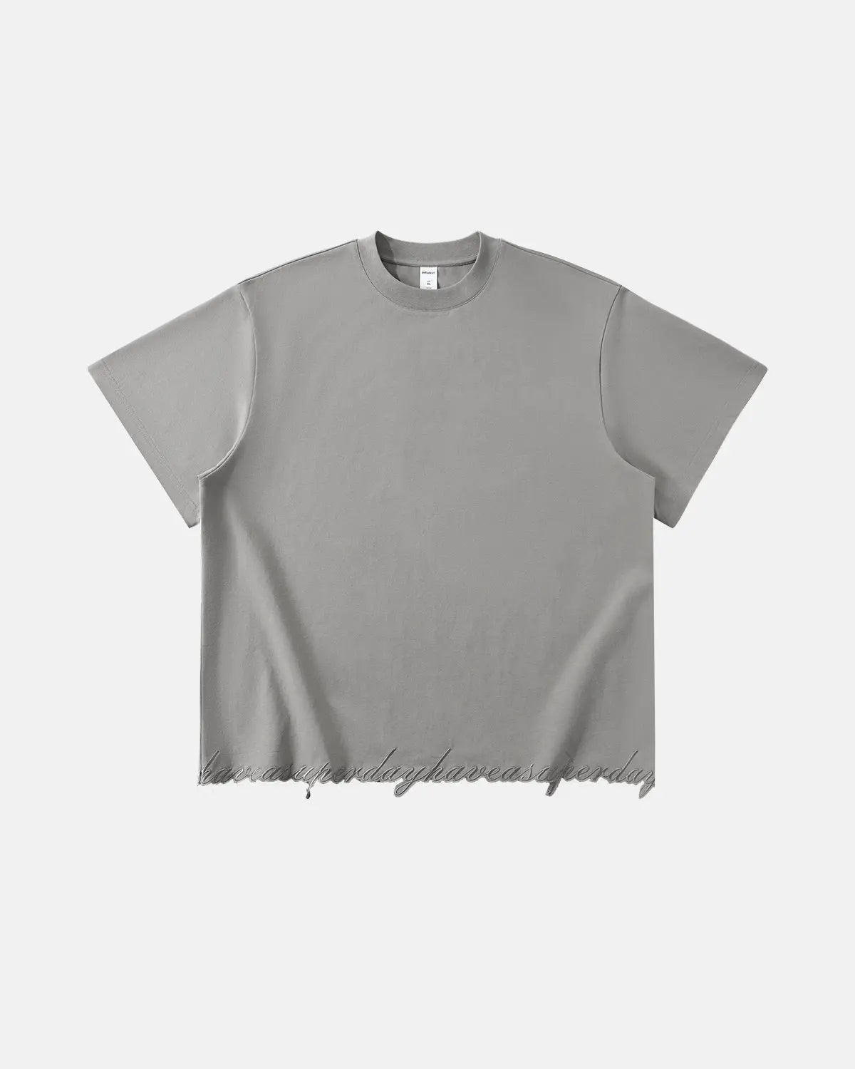 Oversized embroidered frayed hem T-shirt by INFLATION Streetwear, featuring colorful embroidery and distressed frayed edges.