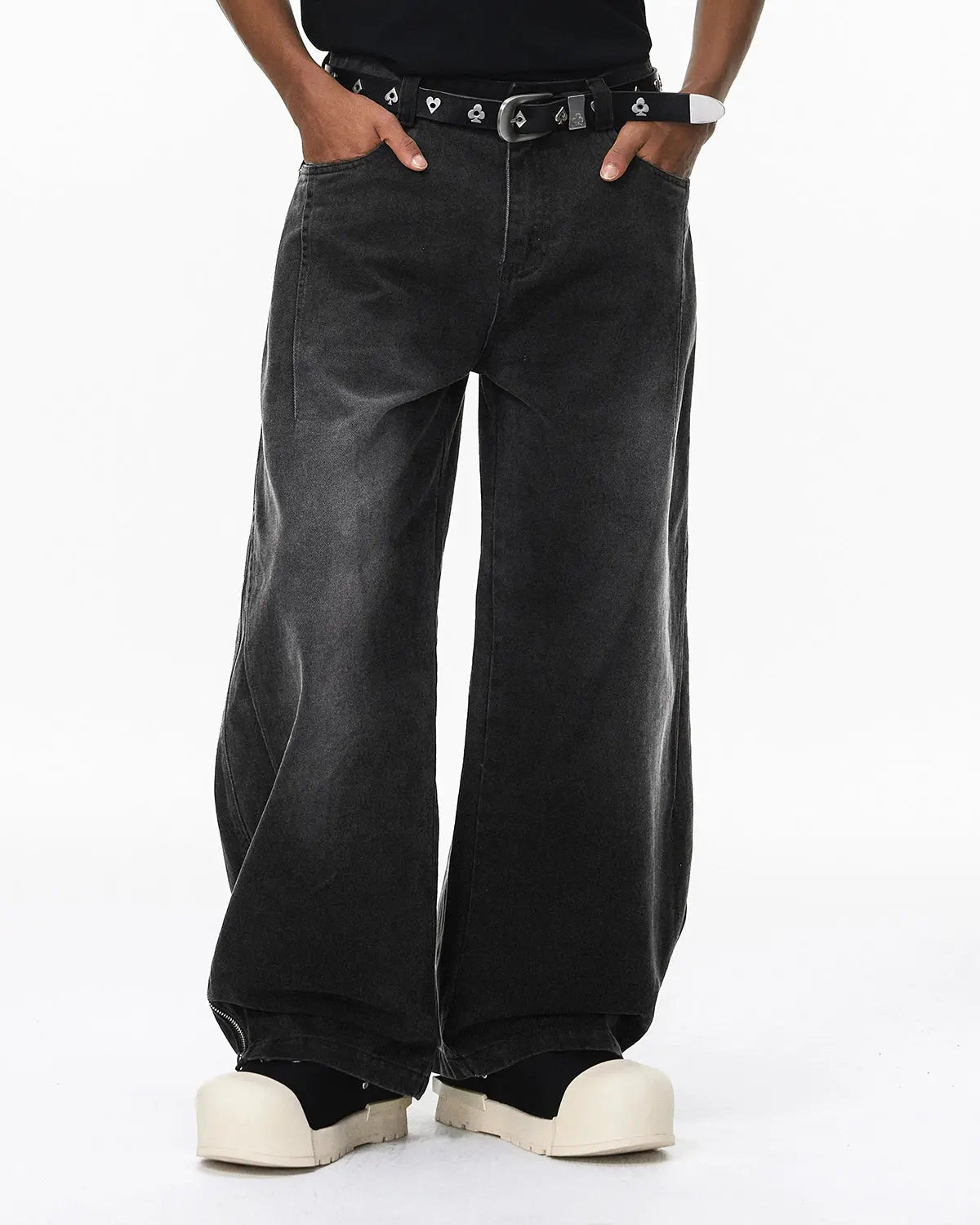 Retro acid wash baggy cargo pants by INFLATION, featuring a relaxed fit and multiple cargo pockets in a vintage streetwear style.