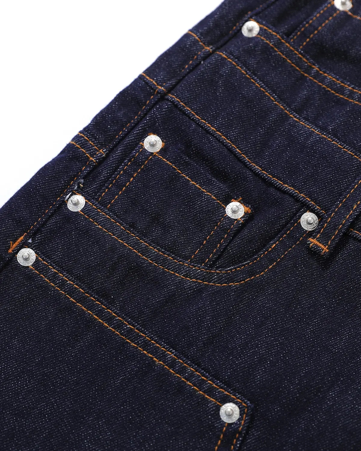 Inflation Streetwear double waist rivet baggy jorts, denim pants with rivet accents and a relaxed, oversized fit.