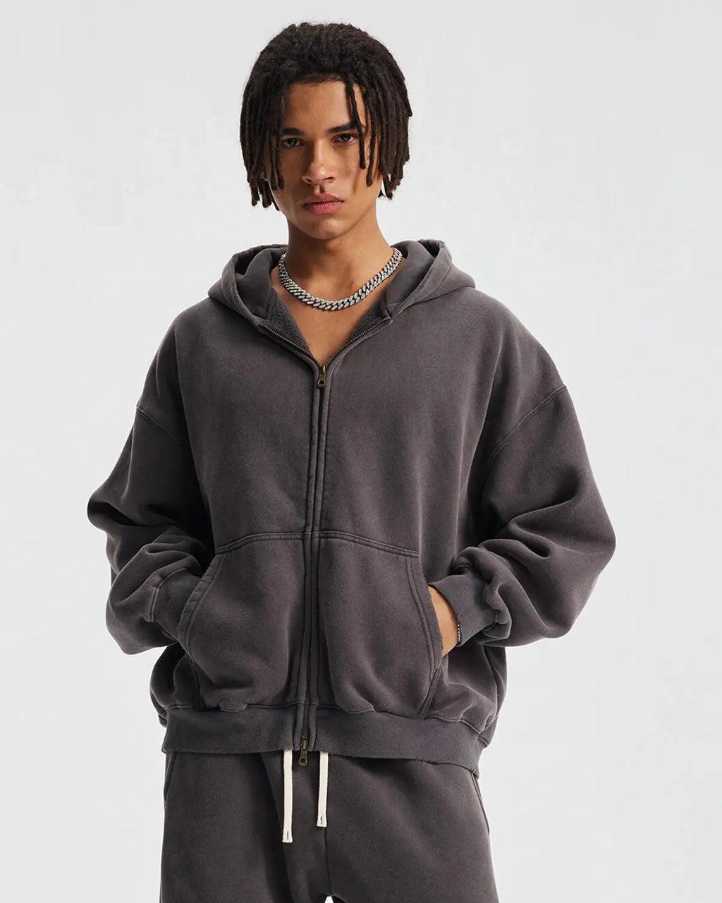 Inflation streetwear boxy fit acid washed fleece zip-up hoodie with a casual style and front zipper.