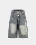 INFLATION Rhinestone Cross Double Waist Denim Jorts, stylish cut-off shorts with rhinestone embellishments and double waist design.