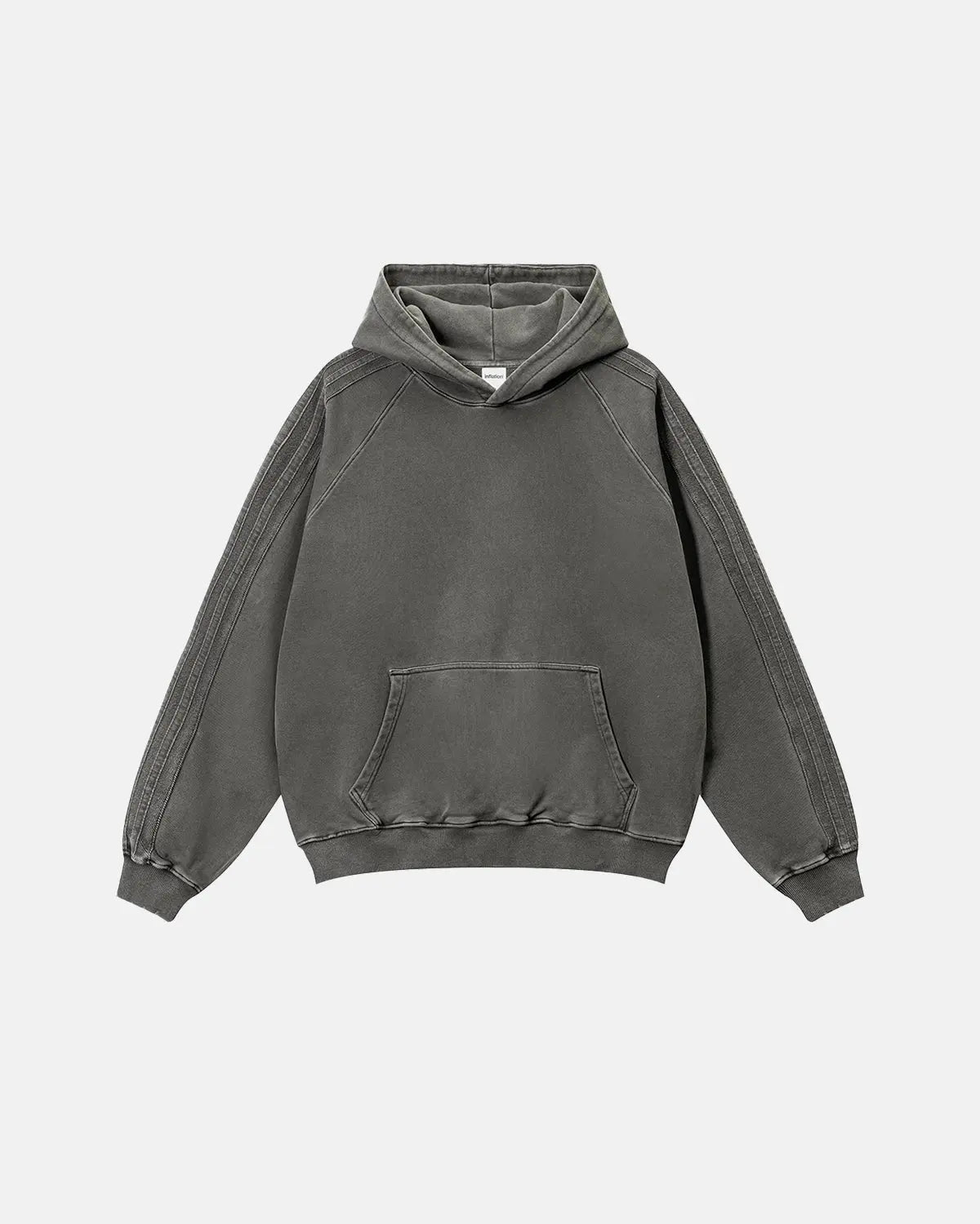Inflation Streetwear frayed seam acid wash hoodie with distressed details and relaxed fit, showcasing casual street style.