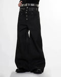 Inflation Double Waist Raw Super Baggy Jeans featuring a loose fit, raw denim texture, and streetwear style.