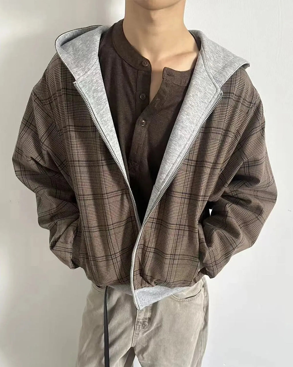 Yellow plaid reversible zip-up hoodie by INFLATION Streetwear, showing front view with zipper and hood, casual streetwear style.