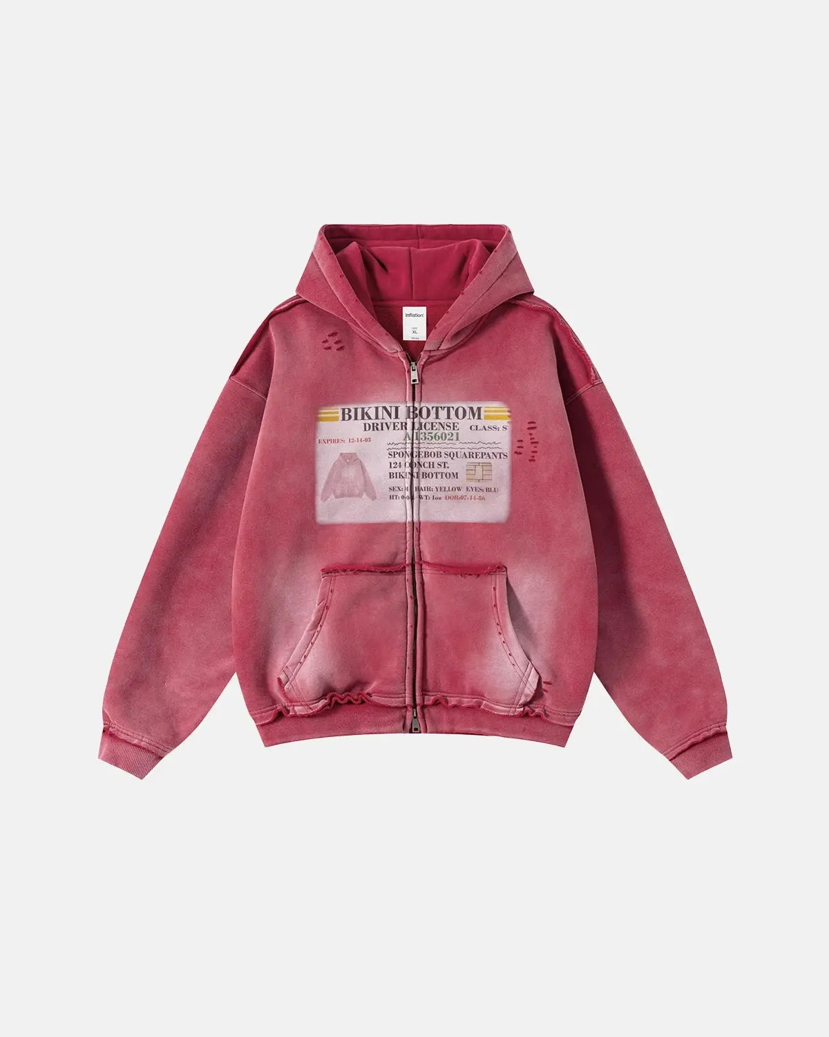 Inflation Streetwear graphic ripped washed zip-up hoodie with distressed details and bold design, casual streetwear style.