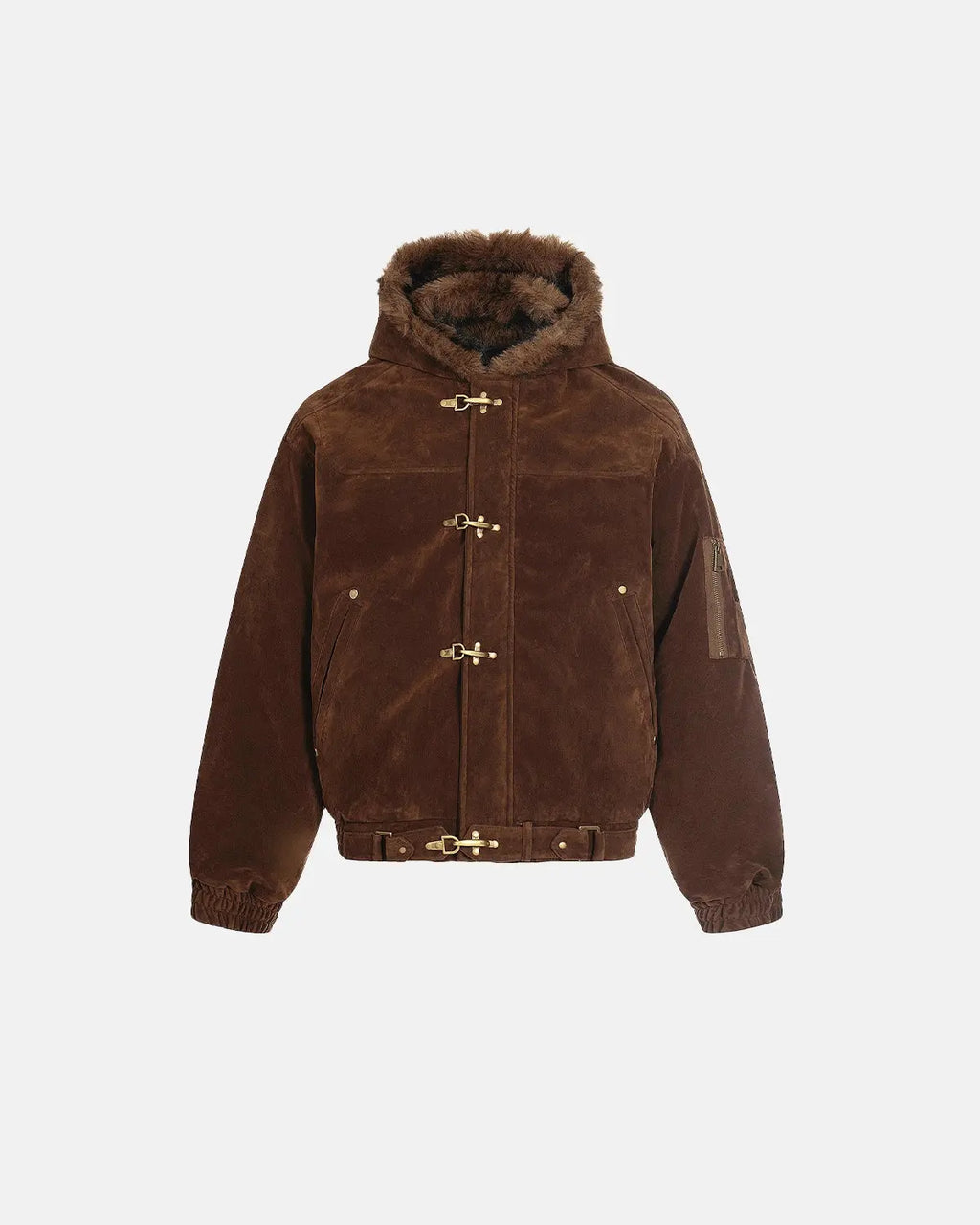 Inflation Streetwear faux fur lined clasp bomber jacket, black with zip closure, featuring a stylish collar and cozy interior lining.