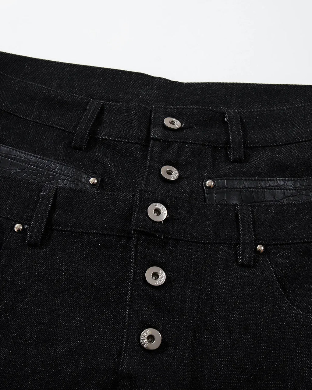 Inflation streetwear double waist raw super baggy jeans featuring a loose fit and distressed details, shown on a model.