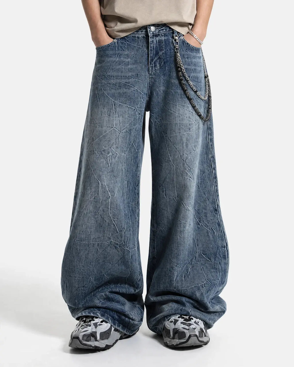 Inflation Streetwear textured wash baggy jeans with relaxed fit and distressed details, shown on a model.