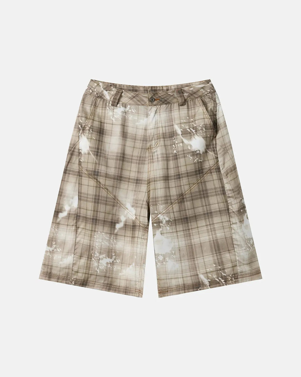 Inflation Streetwear Tencel Washed Plaid Print Longline Shorts, stylish long pants with a relaxed fit and plaid design.