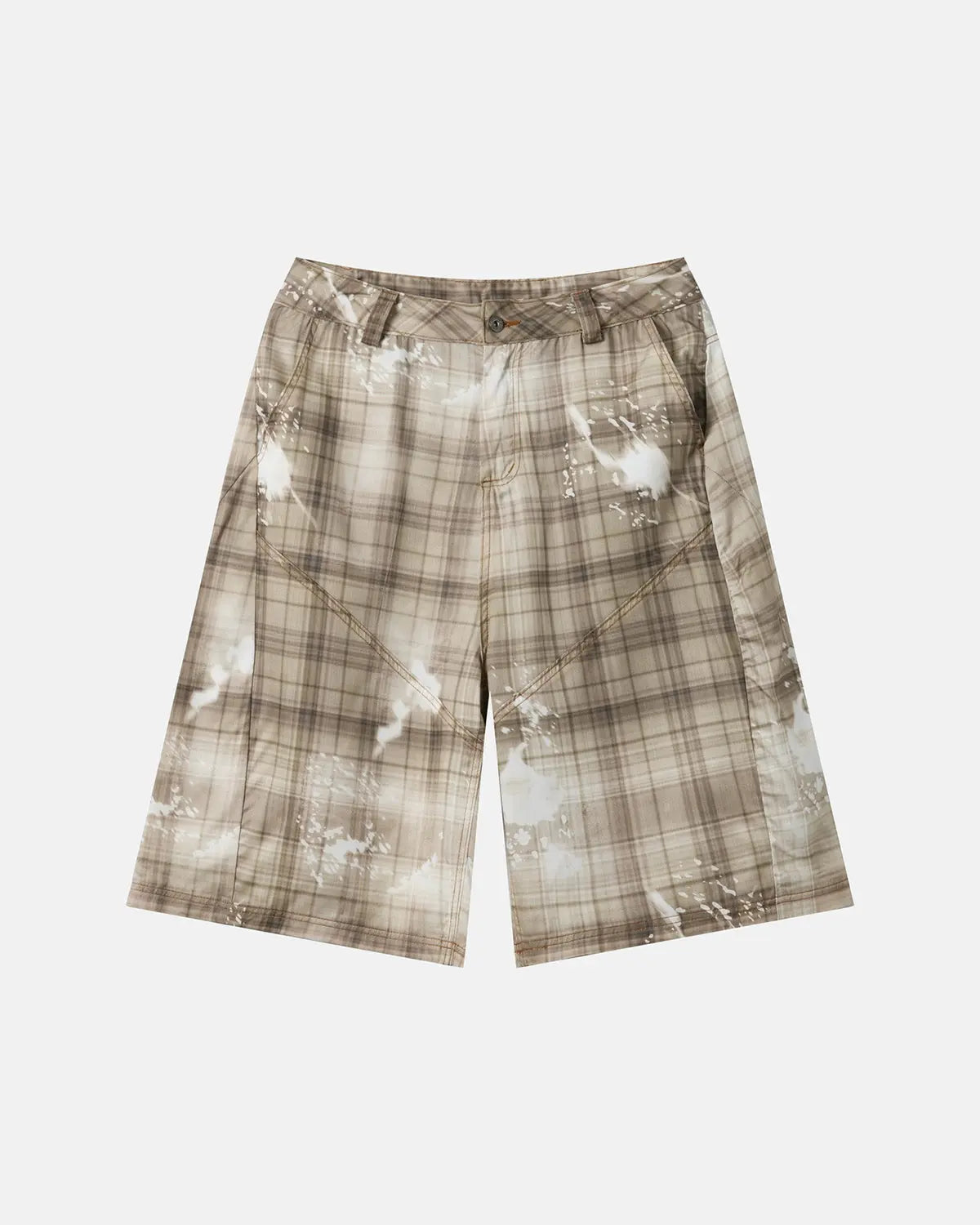 Inflation Streetwear Tencel Washed Plaid Print Longline Shorts, stylish long pants with a relaxed fit and plaid design.