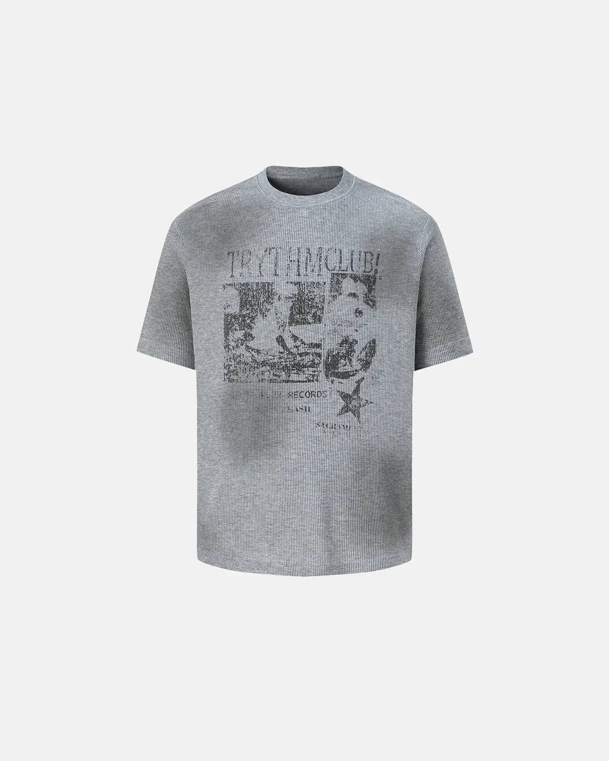 Inflation Streetwear distressed graphic waffle T-shirt featuring a bold design, casual fit, and soft fabric for a relaxed look.