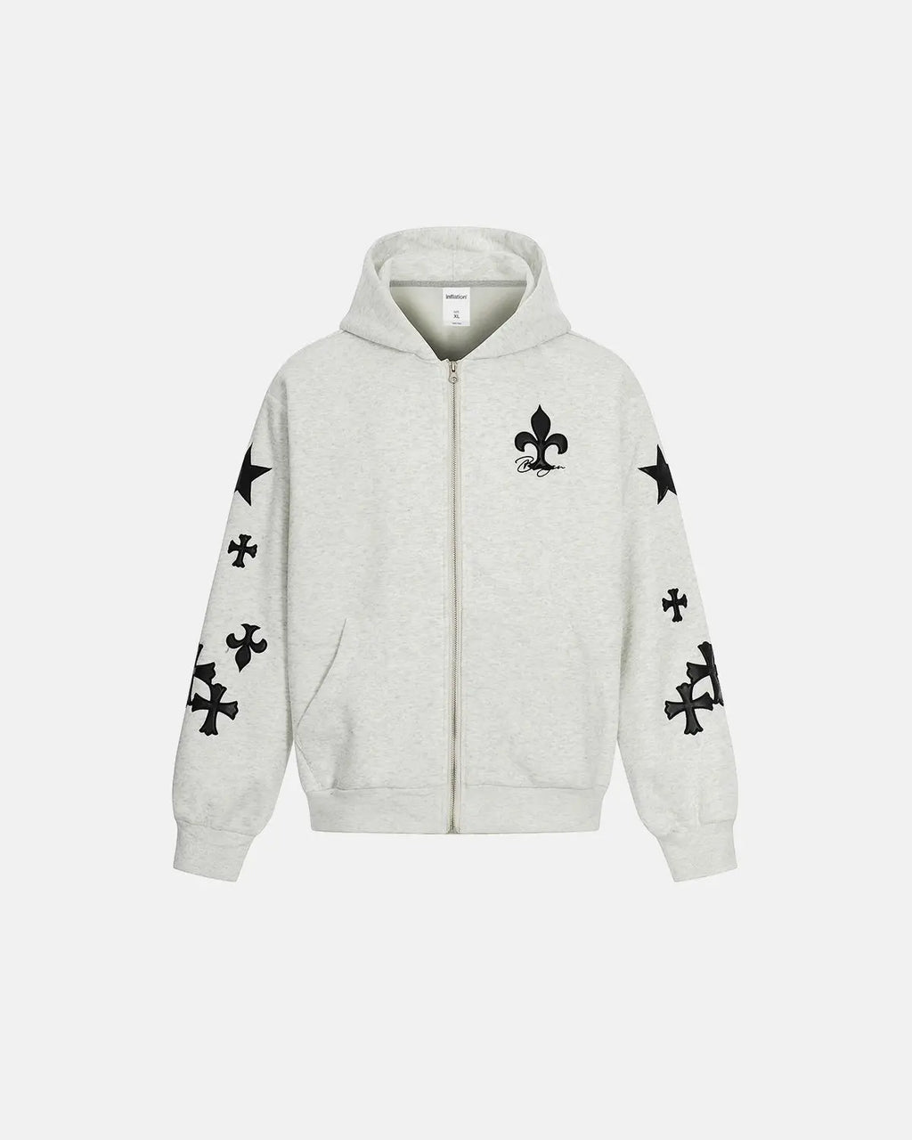 Inflation Streetwear Cross PU Patch Embroidery Zip Up Hoodie featuring bold patch designs and a front zipper, black color, casual style.