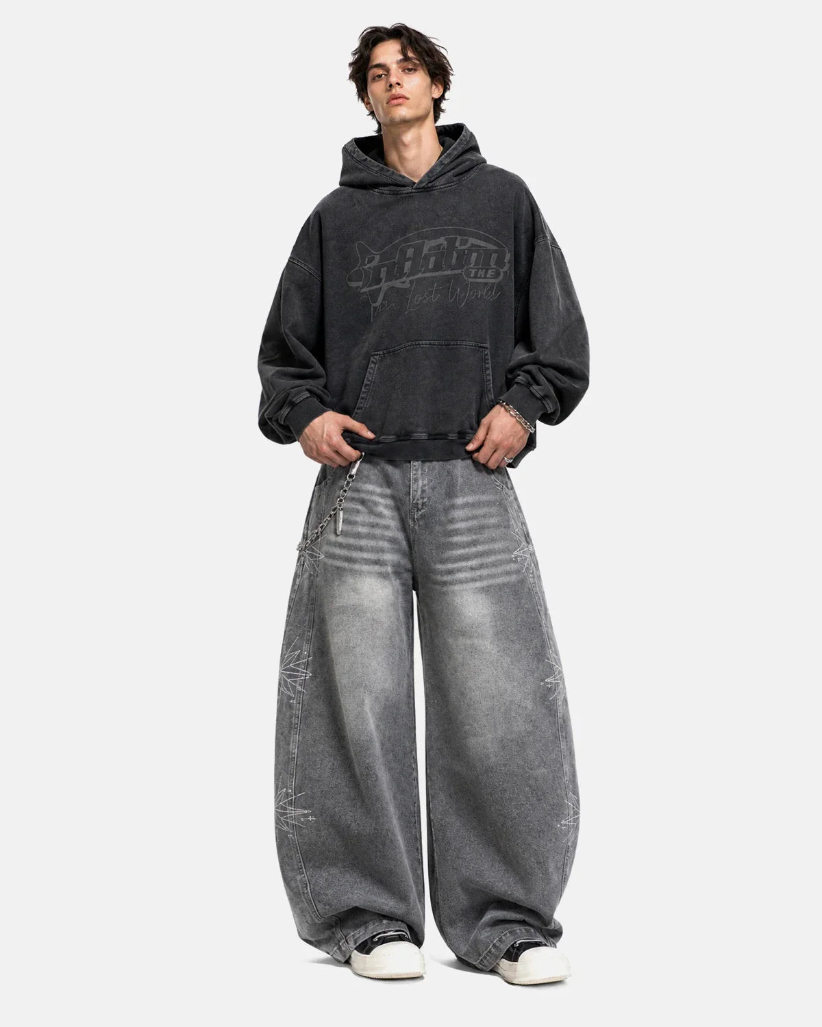 Inflation Star Graphic Rhinestone Barrel Baggy Jeans, stylish pants with star designs and rhinestone embellishments, casual streetwear style.