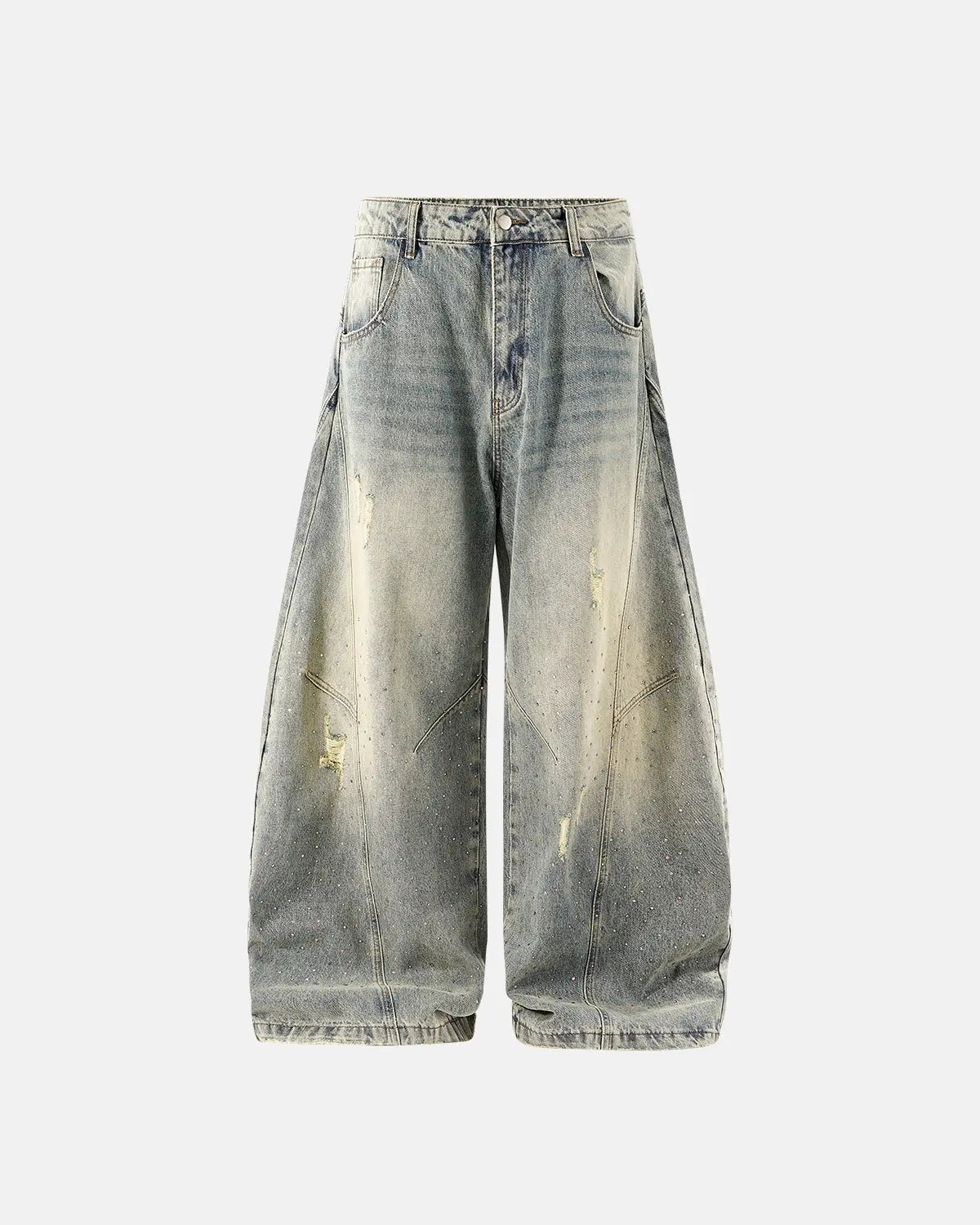 Colorful rhinestone embellished ripped baggy jeans from INFLATION featuring a relaxed streetwear style and distressed details.