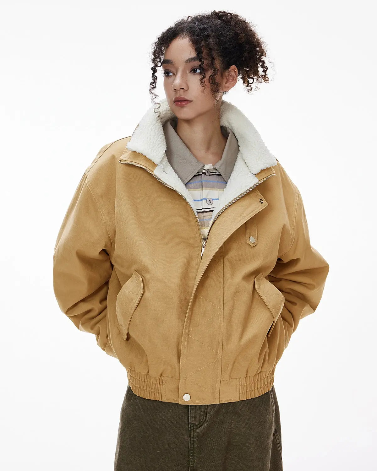 Inflation Streetwear faux shearling lining lambswool jacket with plush interior and stylish exterior, perfect for cold weather.