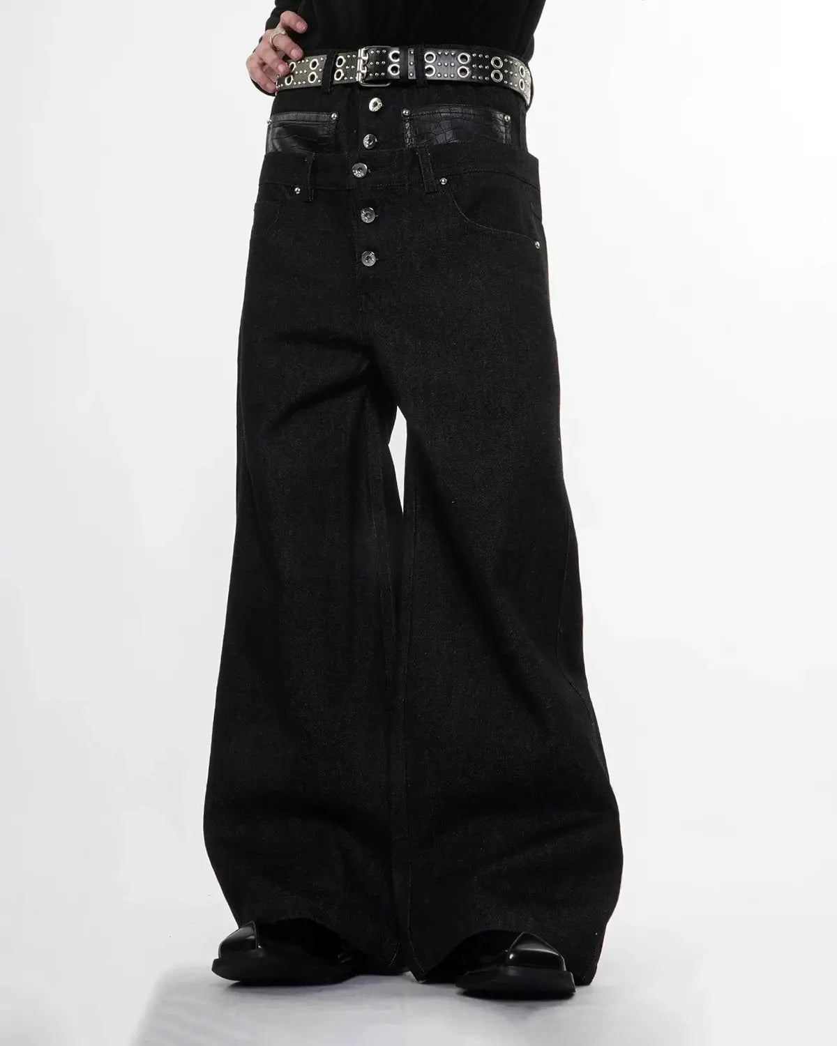 Inflation Streetwear Double Waist Raw Super Baggy Jeans with distressed detailing and oversized fit, front and back view.