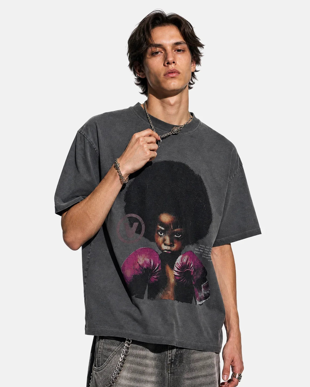 Vintage graphic oversized T-shirt by INFLATION featuring bold retro-inspired print on soft cotton fabric.