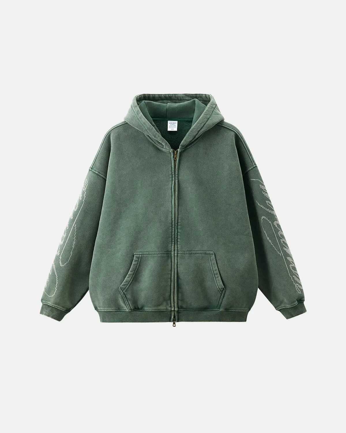 Inflation Streetwear rhinestone distressed washed zip-up hoodie with sparkling embellishments and a casual, faded denim look.