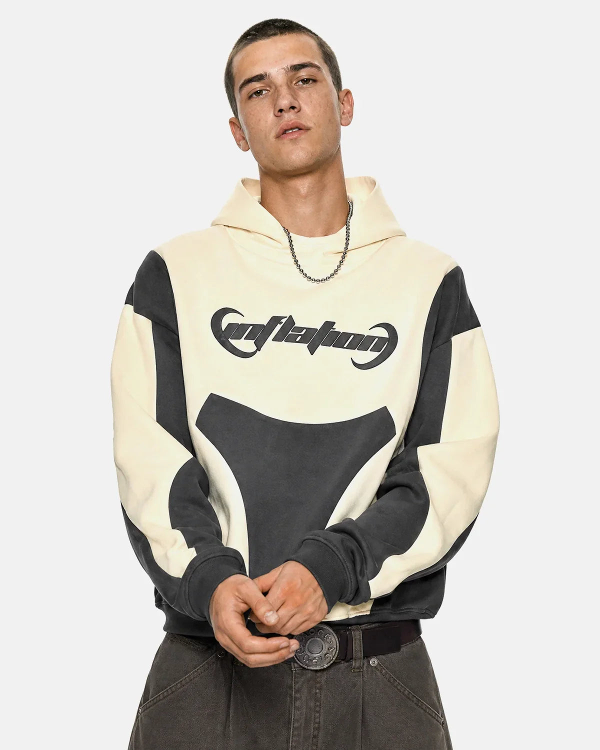 Inflation Streetwear patchwork puff print hoodie with colorful geometric patterns and a relaxed fit.