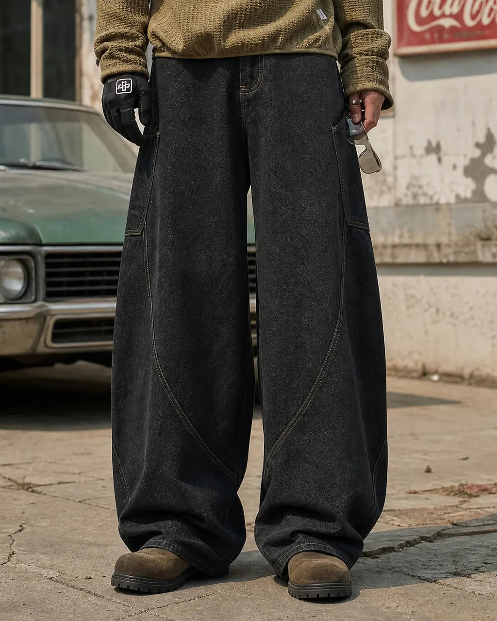 Inflation Super Raw Barrel Jeans showing their distressed denim fabric and relaxed fit style for streetwear fashion.