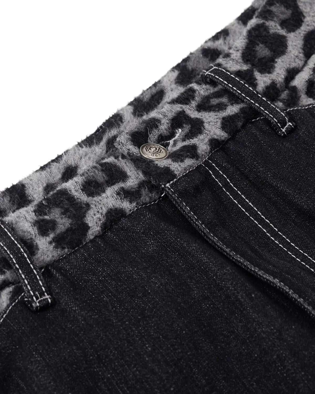 Leopard patchwork raw straight-leg jeans by INFLATION featuring a stylish animal print design and casual streetwear style.