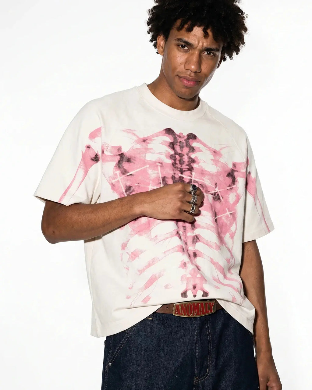 Pink X-ray skeleton boxy T-shirt by INFLATION featuring a detailed skeleton graphic on soft, trendy streetwear fabric.