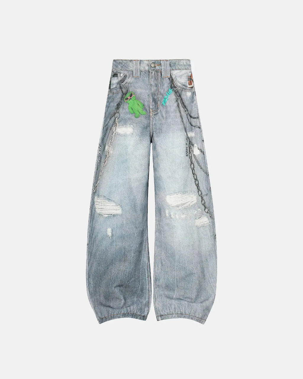 3D printed chain barrel jeans by INFLATION Streetwear featuring unique textured denim with chain details and modern street style design