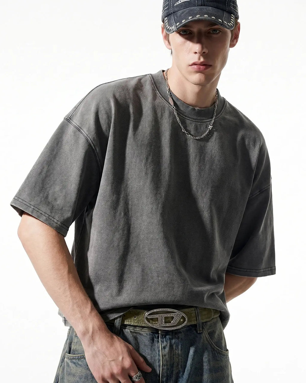 Distressed boxy washed T-shirt from Inflation Streetwear, featuring a vintage, worn-in look and relaxed fit.