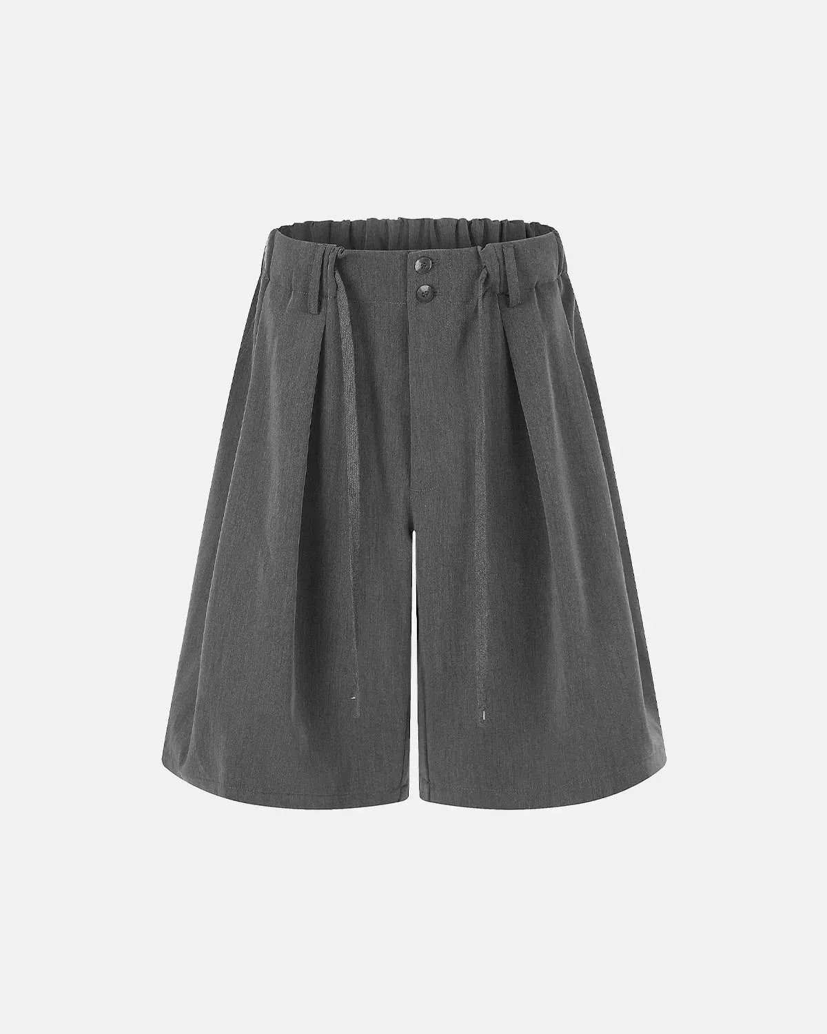 Inflation streetwear drawstring wide-leg tailored shorts in neutral fabric with adjustable waistband and relaxed fit.