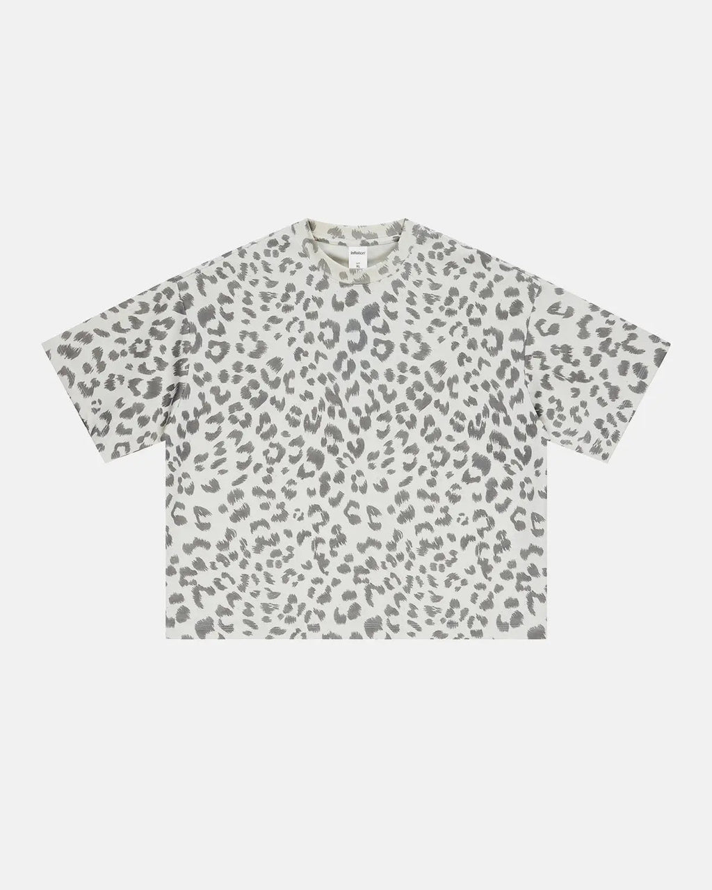 Leopard print boxy T-shirt from INFLATION streetwear with bold animal pattern and relaxed fit, casual fashion style.