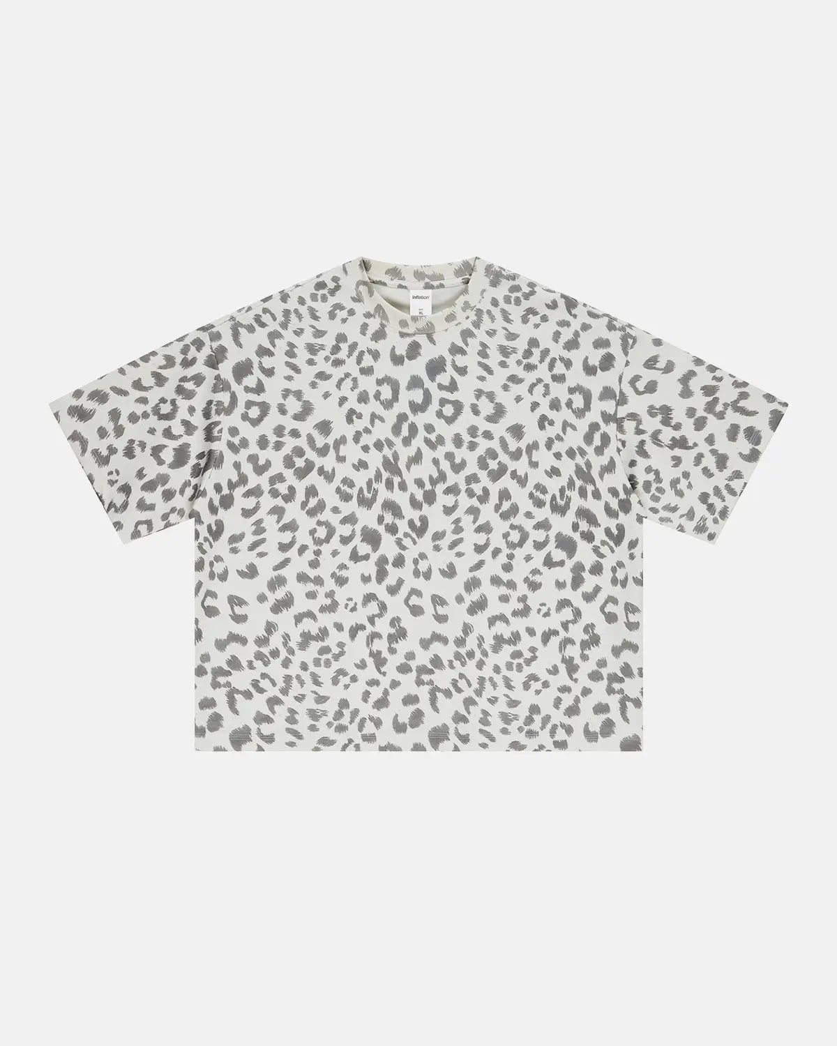 Leopard print boxy T-shirt from INFLATION streetwear with bold animal pattern and relaxed fit, casual fashion style.