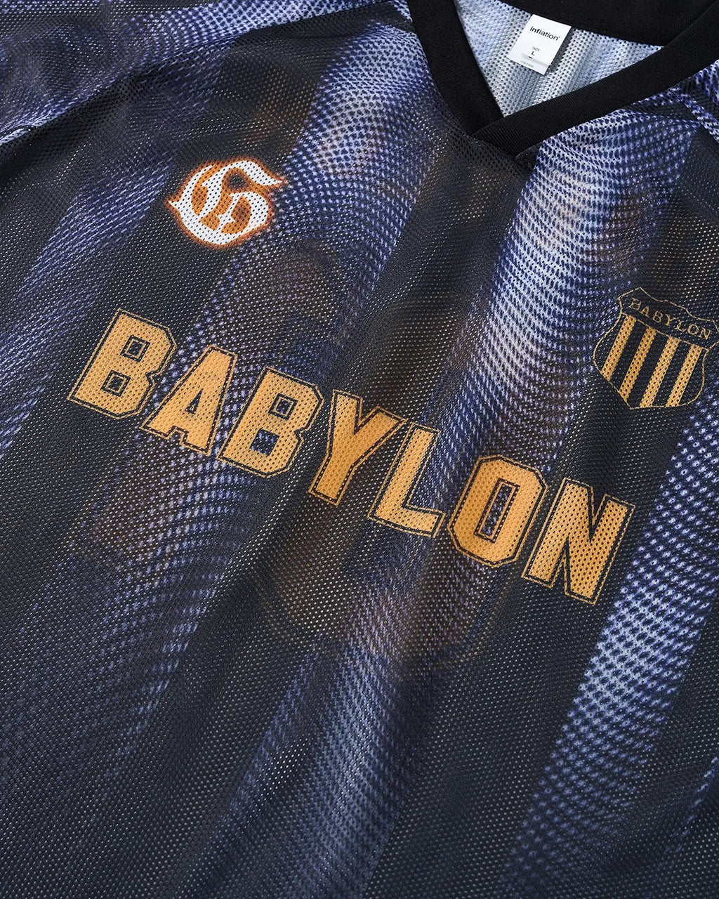 Inflation Streetwear gradient pattern mesh jersey t-shirt with vibrant colors and breathable mesh fabric, casual streetwear style.
