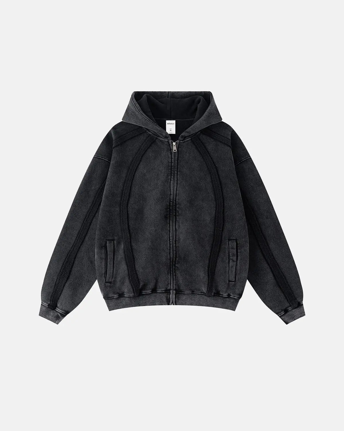 Inflation Streetwear snow washed raw edge boxy zip-up hoodie displayed on a hanger, showcasing its relaxed fit and distressed details.