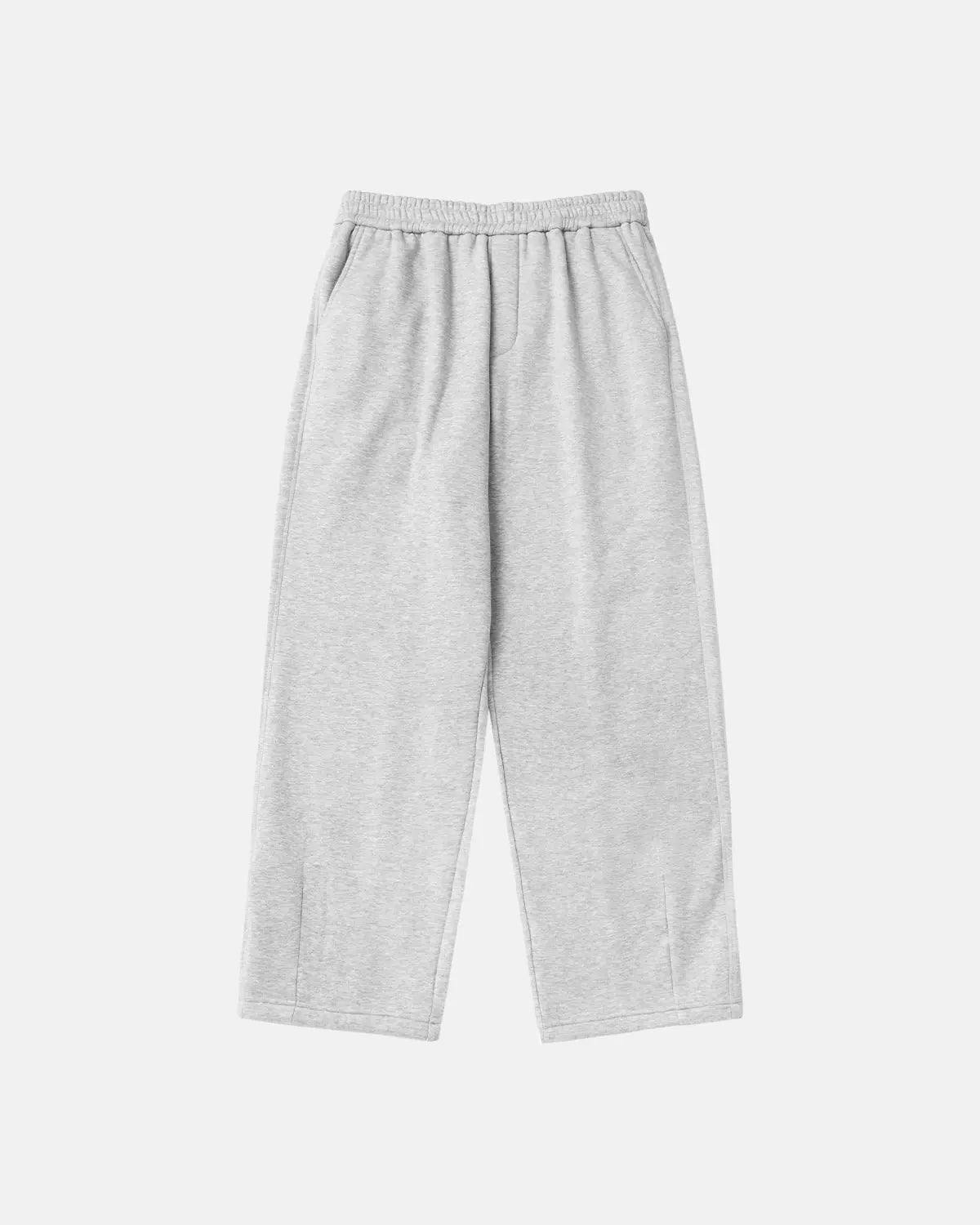INFLATION brand inflation stretch thermal fleece sweatpants, gray color, featuring an elastic waistband and relaxed fit, shown on a hanger.