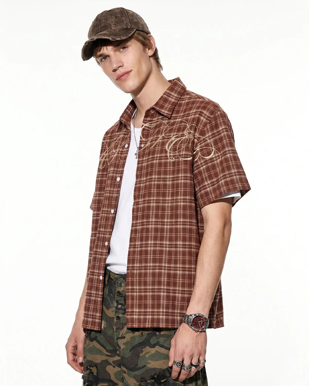 Inflation Streetwear lettering embroidery plaid shirt featuring bold letter design, casual button-up shirt with plaid pattern.