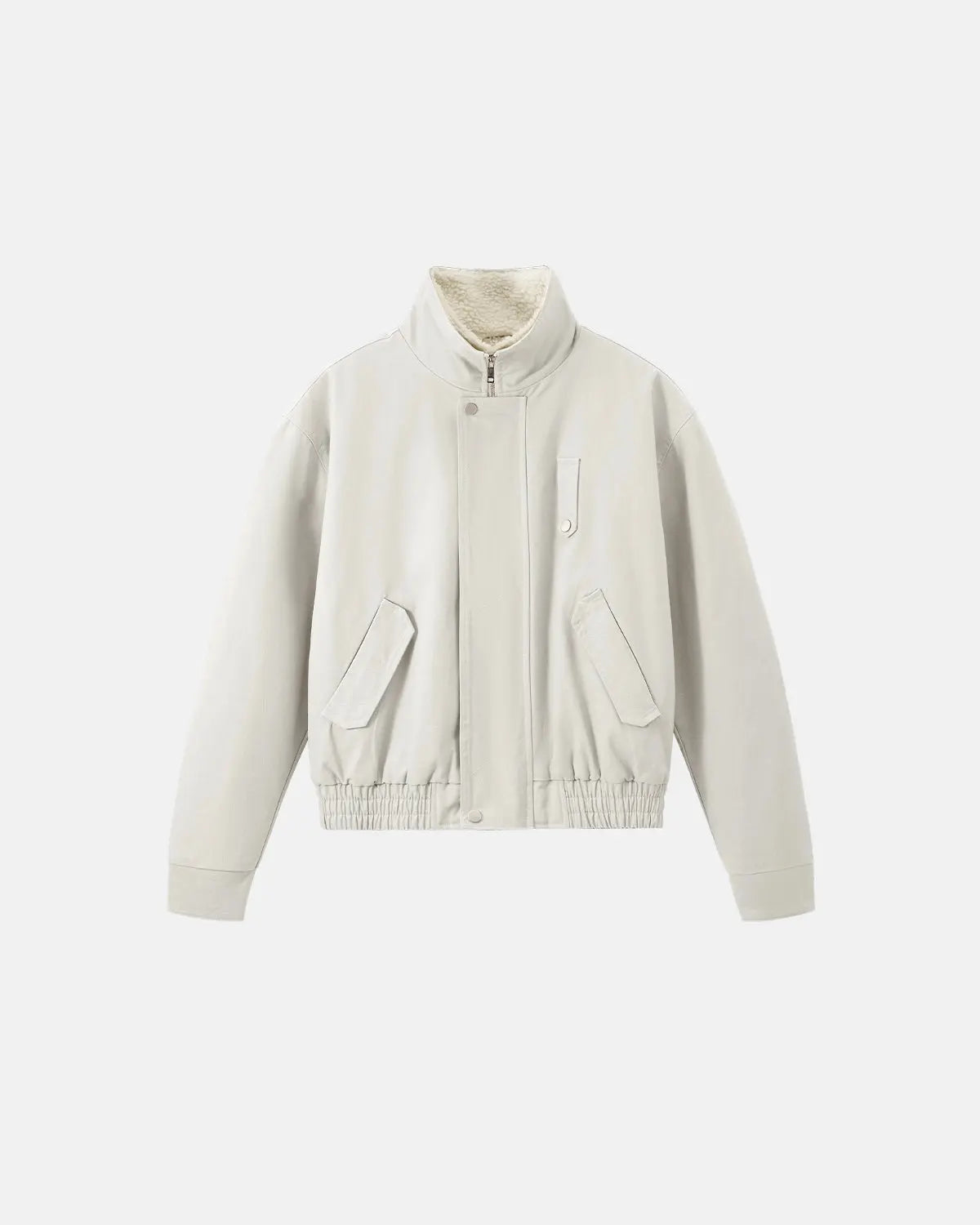 Inflation streetwear faux shearling-lined lambswool jacket displayed on a hanger, showcasing the cozy woolen collar and stylish design.