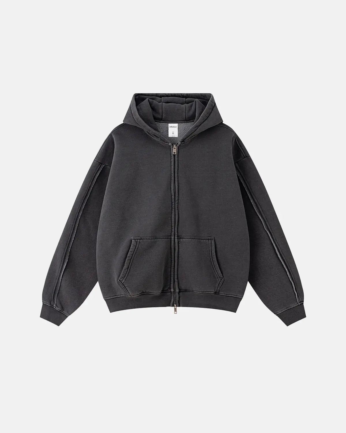 Inflation Streetwear washed raw edge boxy zip-up hoodie in gray with a relaxed fit and front zipper detail.