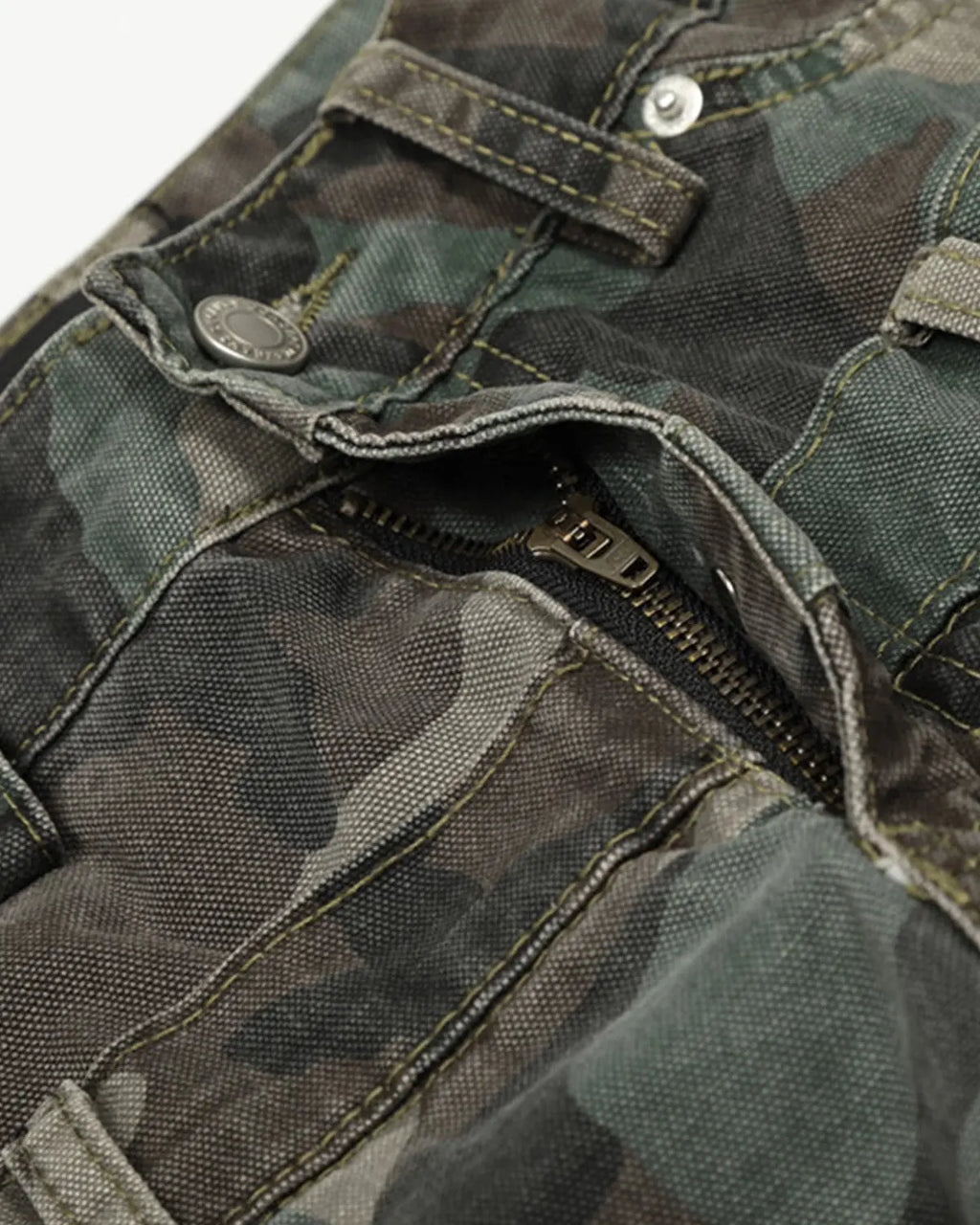 Inflation Double Waist Camo Cargo Pants with multiple pockets, featuring a streetwear-inspired camouflage design and relaxed fit.