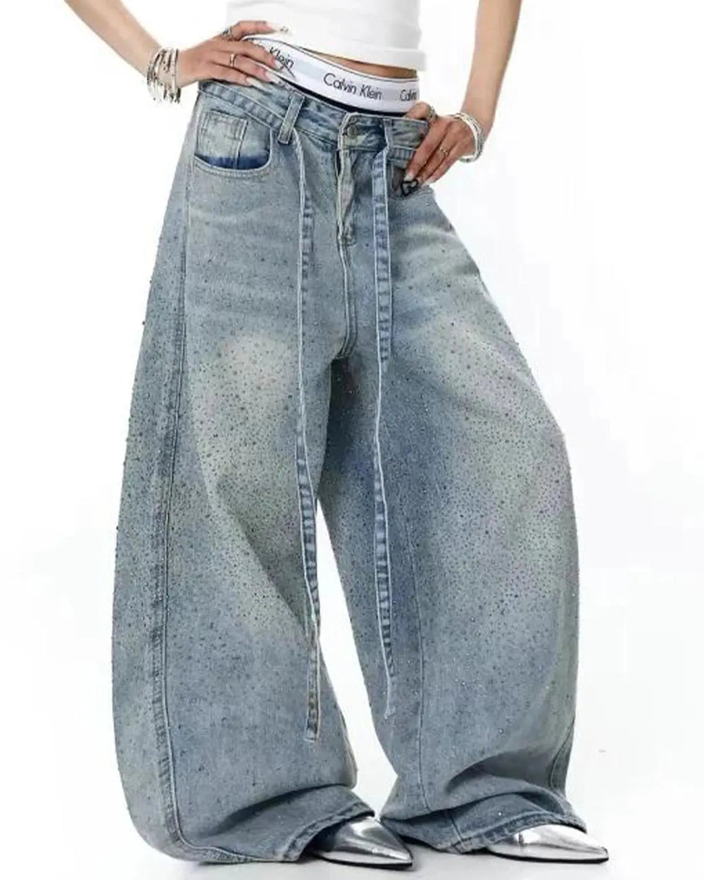 Inflation Streetwear Rhinestone Baggy Barrel Jeans with rhinestone embellishments and relaxed fit for a trendy streetwear look.
